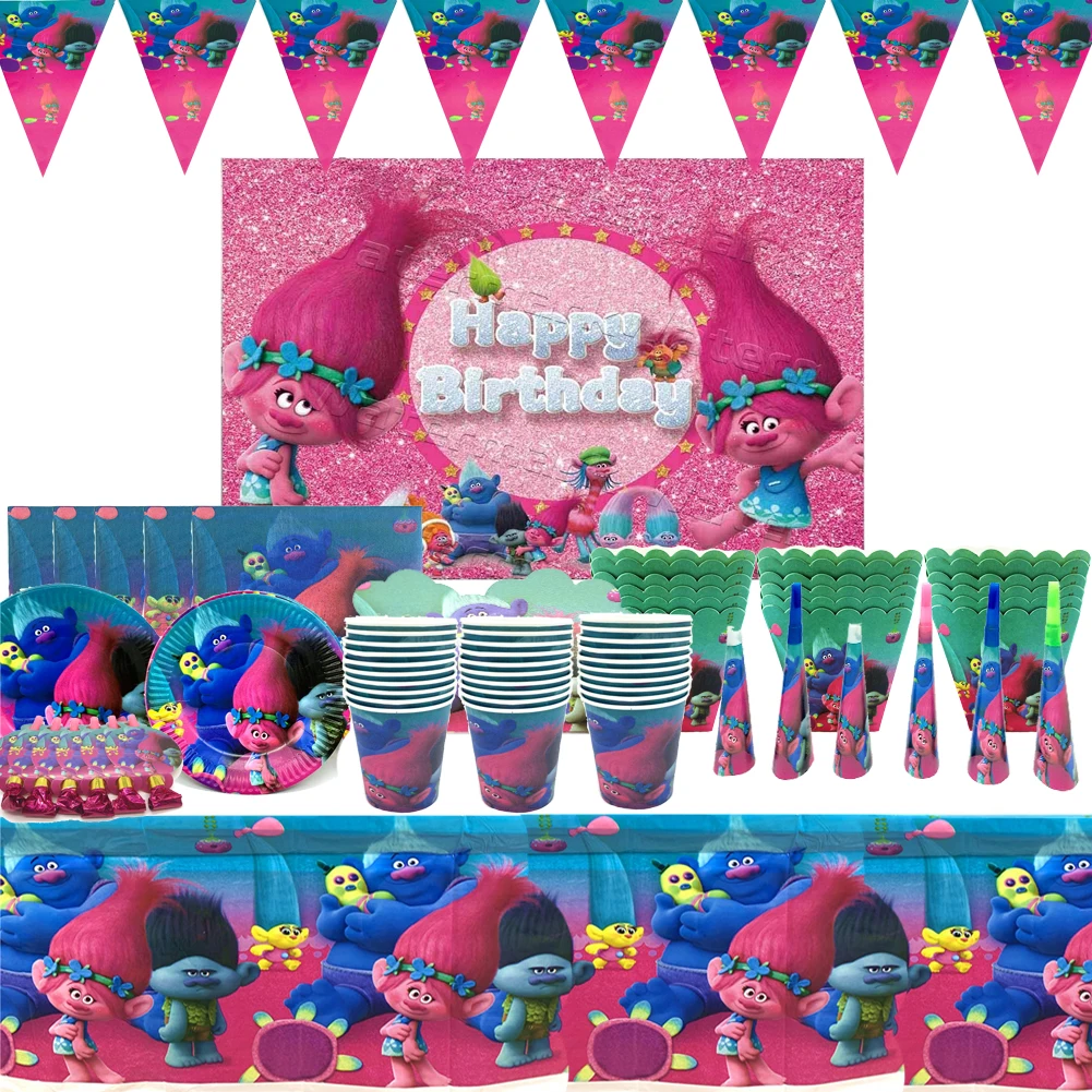 Trolls 2 Magic Hair Party Supplplies Birthday Decor Baby Shower Trolls  World Tour Plate Flag Hat Trolls Party Decorations Toys