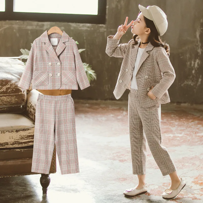 Blazers Suit for Girls Autumn Plaid Jackets Pants Pleated Skirt