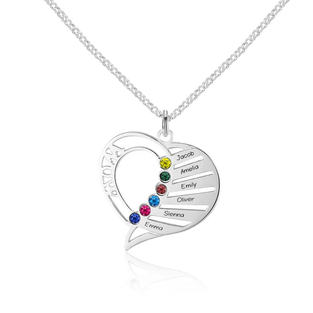 

Engraved Mom Necklace with Biirthstone Personalized Heart Pendant Up to 6 Names Necklaces Family Jewelry