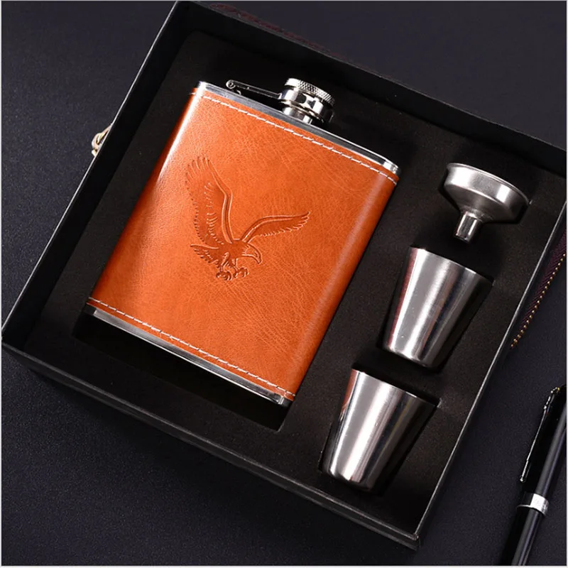 Hip Flasks Set 7oz Funnel and Wine Cups Luxury Stainless Steel Alcohol Whiskey Bottle Leather Flagon Wine Gift Flask Set For Man|Hip Flasks| - AliExpress