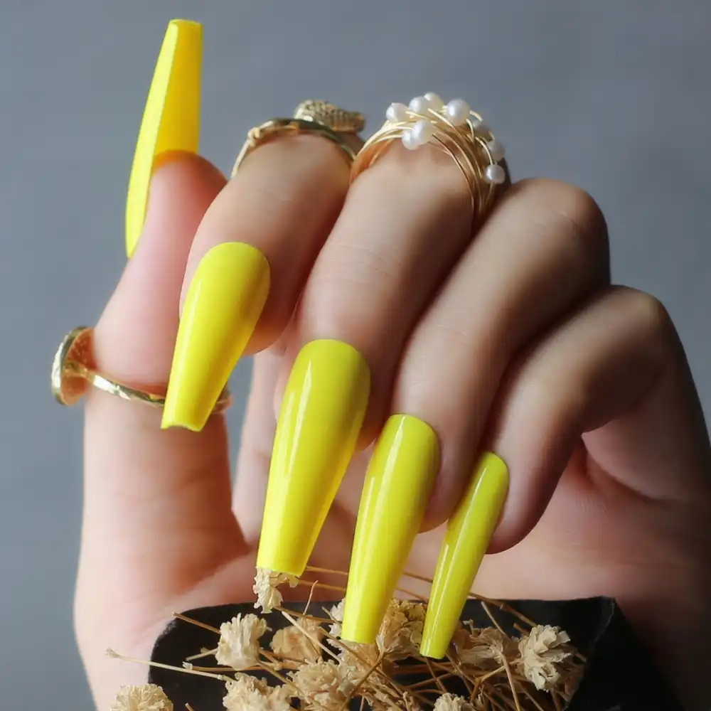 Long Luxury Coffin Neon Yellow Uv Acrylic Nails Nude Salon Extra Gel Fasle Nails White False Nails Aliexpress