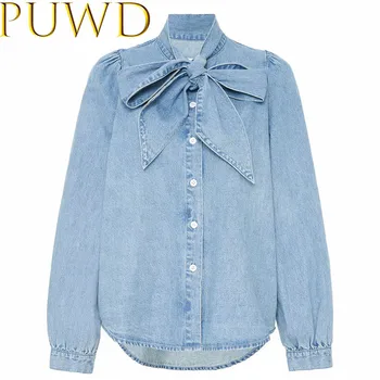 

Elegant women chic denim shirts 2020 fashion ladies long sleeve bow shirts female button blouses casual girls stylish tops