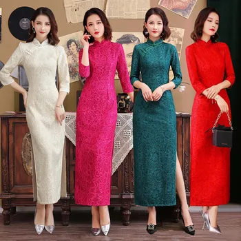 

New Arrival Vintage Print Flower Lace Cheongsam Bride Wedding Dress Gown Mandarin Collar Autumn Sexy Long Elegant Qipao