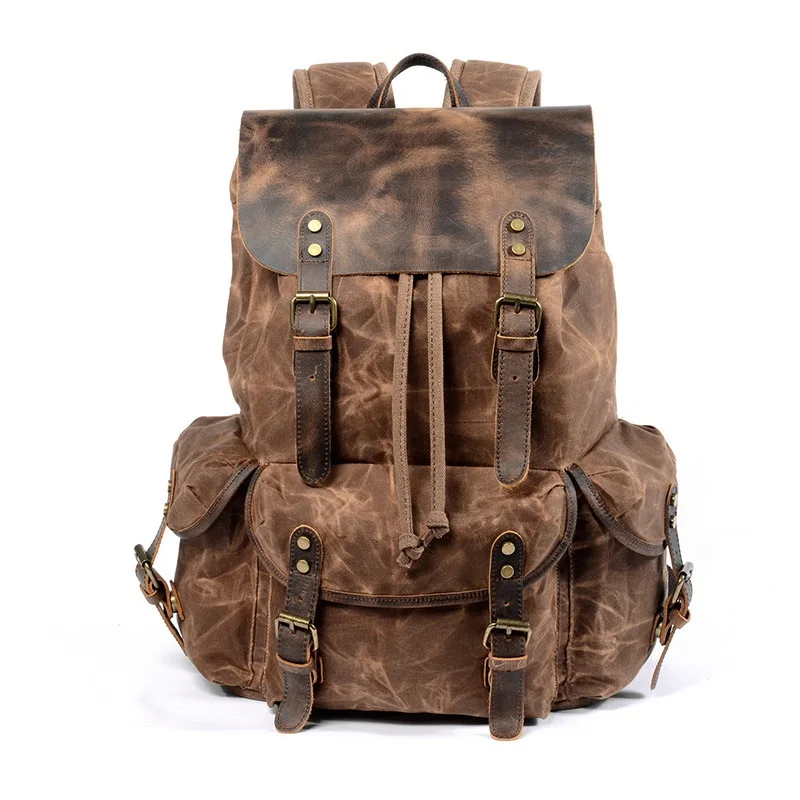 Echt Leer En Gewaxt Canvas Rugzak rugzak Mannen Reizen Vintage Trekkoord Rugzak Grote Capaciteit String Laptop Tas Echt Leer En Gewaxt Canvas Rugzak rugzak Mannen Reizen Vintage Trekkoord Rugzak Grote Capaciteit String Laptop Tas