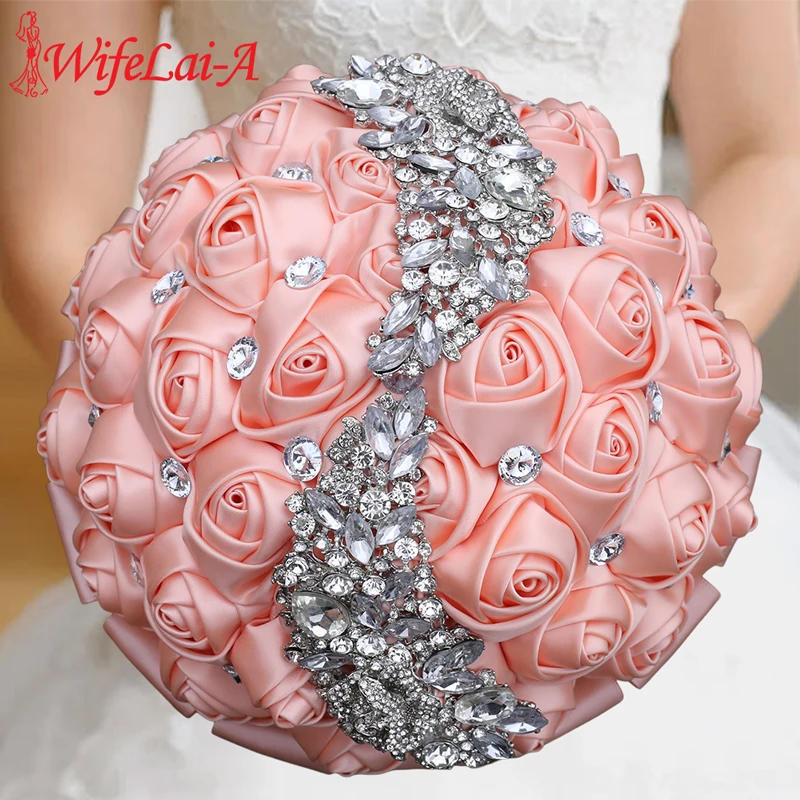 

New Wedding Flowers Bridal Bouquets Shell Pink Ribbons Holding Flowers Bridesmaid Wedding Bouquet With Diamond Ramos Novia W445