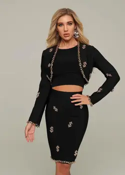 

Top Quality Sexy Long Sleeve Black Two Piece Bandage Dress Designer Fashion Evening Party Dress Vestido