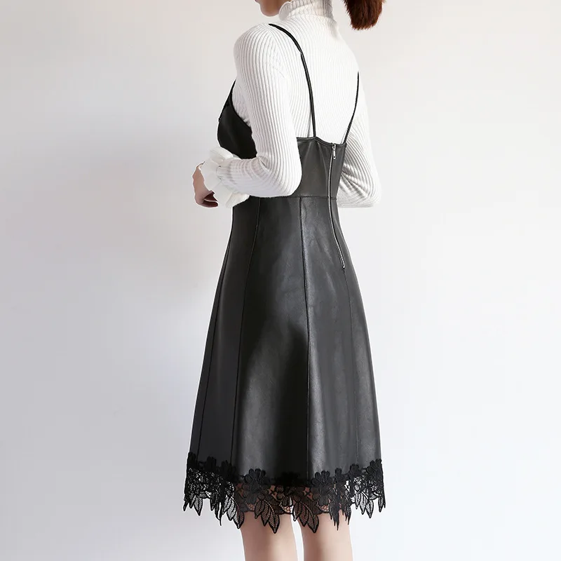 Women Spring New Sweet Lace Strap Dress Black Genuine Leather V Neck Party Ladies Vestidos High Waist Casual Knee Length Dresses Women Spring New Sweet Lace Strap Dress Black Genuine Leather V Neck Party Ladies Vestidos High Waist Casual Knee Length Dresses