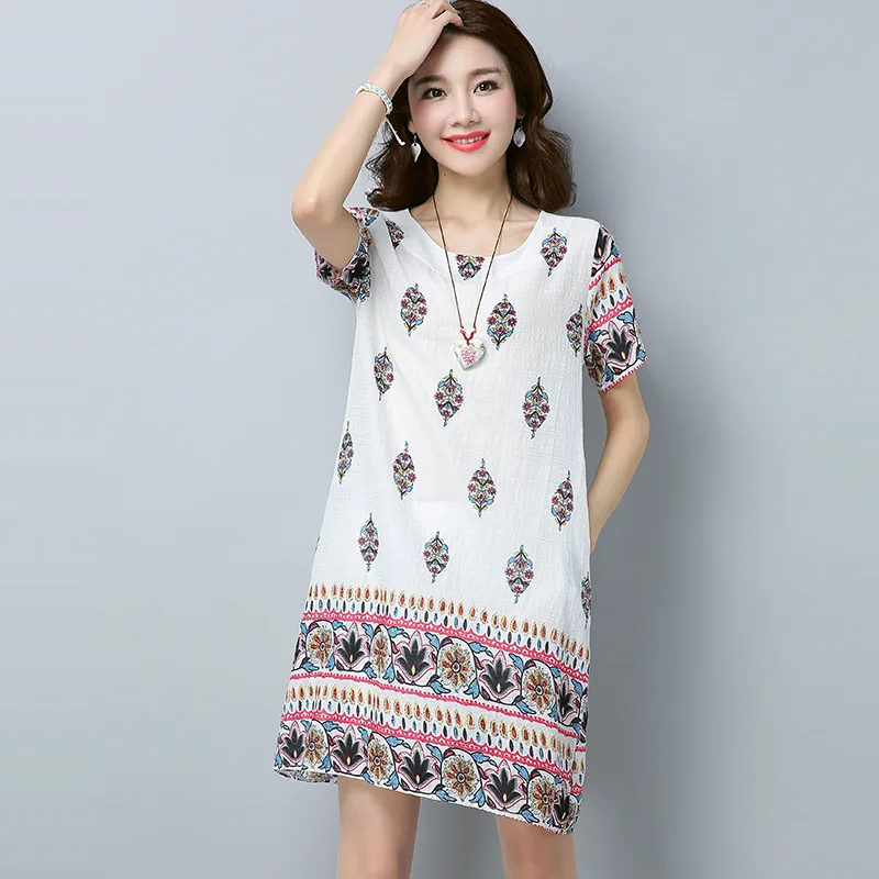 

2019 Summer New Style Cotton Linen-Style Dress Literature And Art Large Size Loose Retro Printed Short Sleeve Medium-length Dres