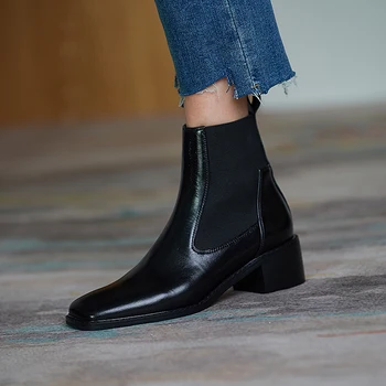 

Fashion Newest Women's Autumn Ankle Boots elastic band 2020 Winter Genuine Leather Thick high Heels Pumps Working Shoes Woman