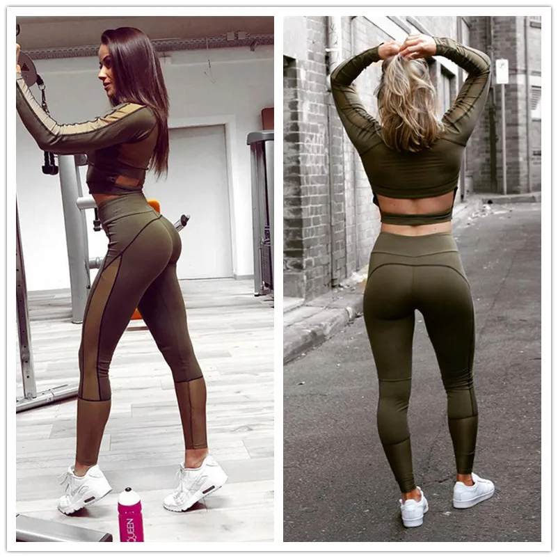 

Sexy Mesh Patchwork Gym Set Tights Push Up Pants Long Sleeve Clothing Yoga Set Gym Wear Women Fitness Sport Suit ArmyGreen 2019