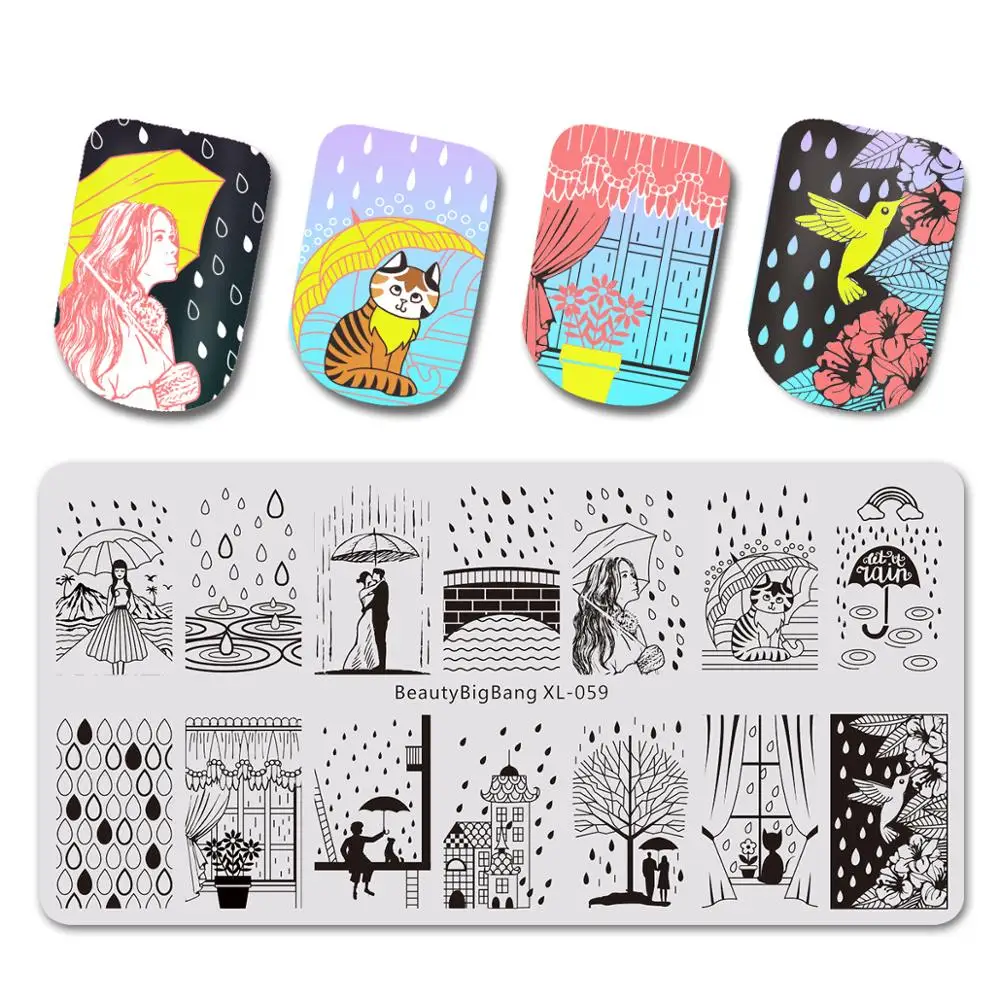 BEAUTYBIGBANG 6*12CM Rectangle Nail Stamping Plates Rain Animal Umbrella Patterns Art Image Template for Manicure XL-059 | Красота и