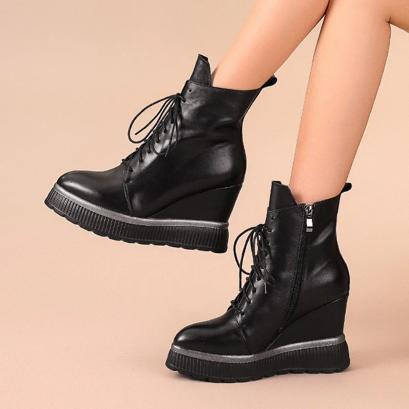 ANNYMOLI Winter Ankle Boots Women Natural Genuine Leather Platform Wedge Heel Short Boots Zipper Super High Heel Shoes Lady 4-10