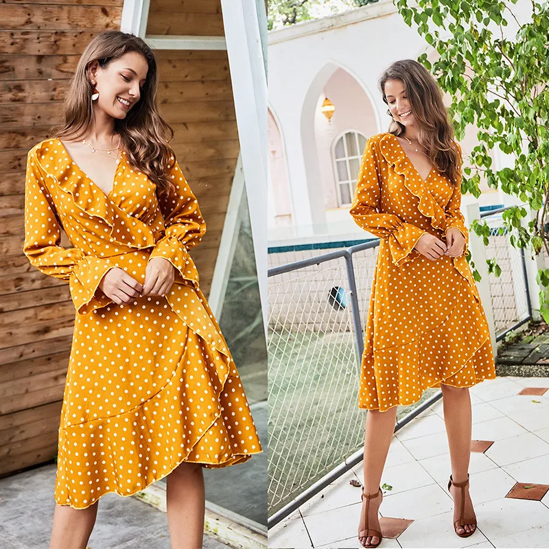 

New Women Dress Ruffle Print Polka Dot Bohemian Sexy Beach Wrap Dress Vintage Long Sleeve Autumn Party Dresses Vestidos