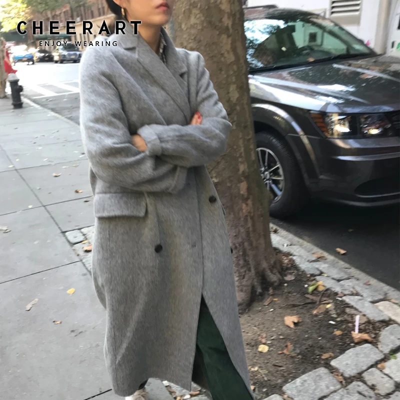 CHEERART серое шерстяное пальто твидовое длинное для зимы женщин женское двубортное