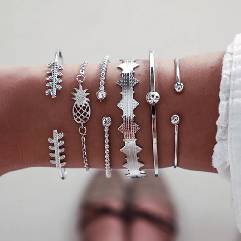 DIEZI 6pcs/set Pineapple Leaves Bracelets &amp Bangles Silver Color Bracelet Sets For Women 2019 New Bohemian Rhinestone Jewelry | Украшения