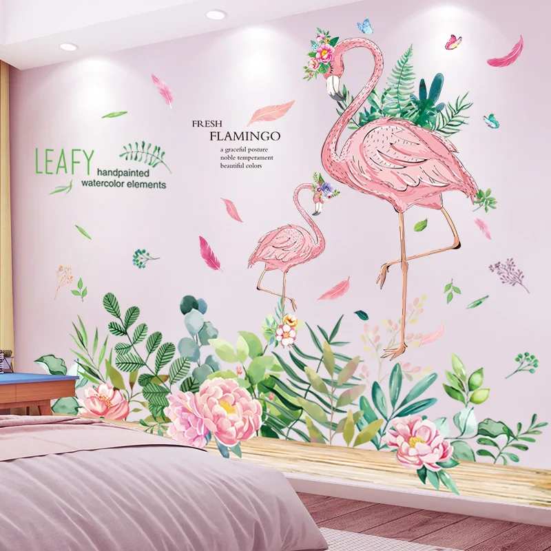 

[shijuekongjian] Flower Leaves Wall Stickers DIY Cartoon Flamingo Dancers Wall Decals for Kids Bedroom Nursery House Decoration