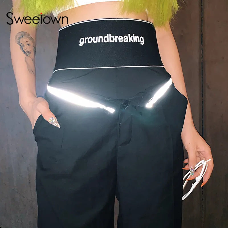 

Sweetown Black Plus Size Women Wide Leg Pants With Waistband Casual Patchwork Reflective Striped High Waist Trousers Streetwear