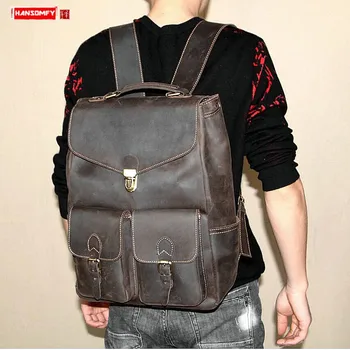 

Retro Genuine Leather Men's Backpack Male Large Capacity College School Laptop Bag Travel Backpacks Brown Crazy Horse Leather