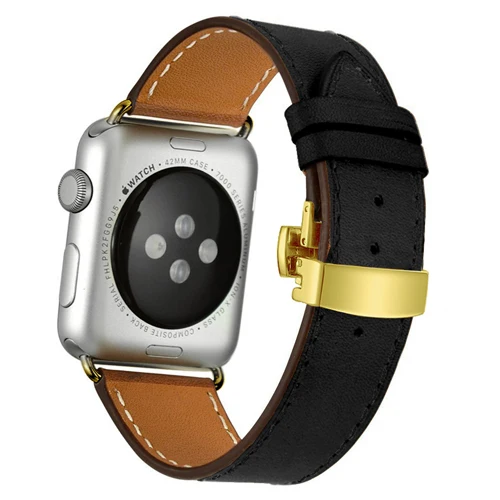 Gold buckle Кожаный ремешок для Apple watch ремешок 44 мм 40 мм correa iwatch 5 4 3 2 ремешок 42 мм 38 мм Пряжка бабочка Apple watch 4 аксессуары - Цвет ремешка: Gold buckle