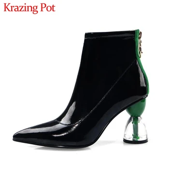 

Krazing Pot new mixed colors Zipper crystal strange high heels genuine leather fashion pointed toe winter women ankle boots L7f2