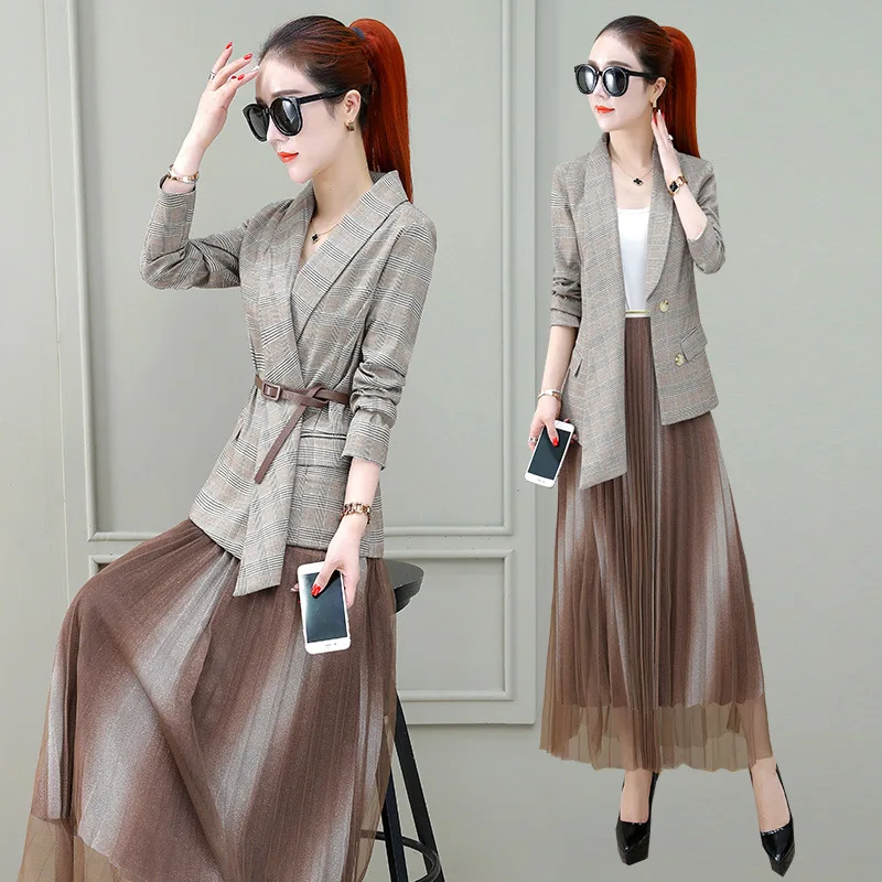 

Plaid Small Suit Dress WOMEN'S Suit 2019 New Style British-Style Fashion Elegant Spring And Autumn Two-Piece Dress Outfit