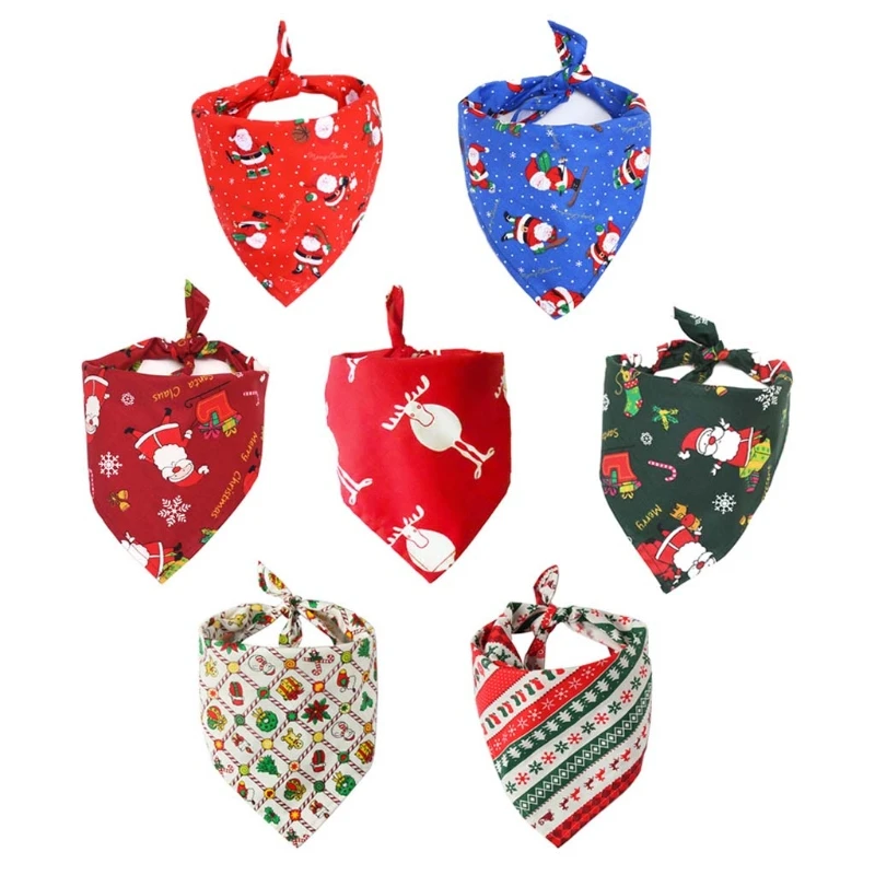 

7 Pcs Christmas Element Print Washable Dog Bibs Pet Kerchief Scarf for Small Medium Dogs Puppy Festive Decoration Daily