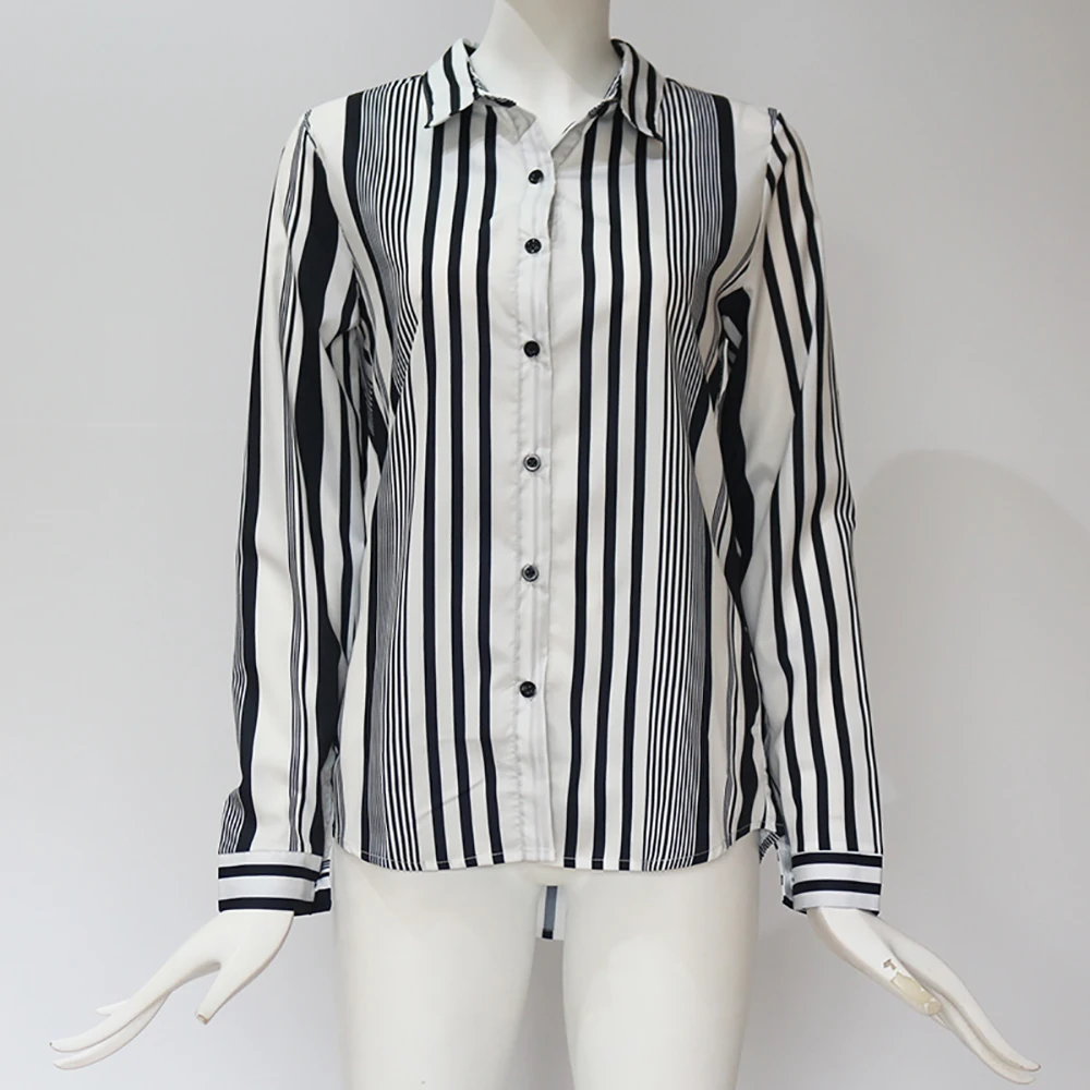 YMING Chiffon Boho Women Blouse Long Sleeve Shirt Turn Down Collar Tops Striped Printed Button Tunic Casual Office Woman Blusas black long sleeve top