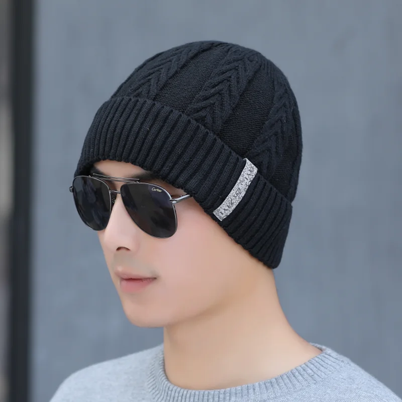 SUOGRY зимние Шапки для Для мужчин шапки бини шапки плетения теплая вязаная шапка осенние уличные Шерстяная кепка, Зимняя Шапка-бини, набор - Цвет: Hat black