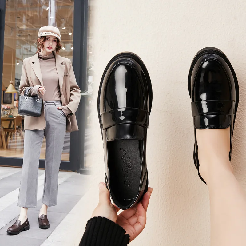 

England Small Leather Shoes Women's 2020 Spring New Style round Flat Retro Students Work Chunky-Heel Shoes Women's Loafers