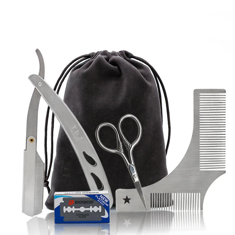 Набор для ухода за бородой, 5 шт., щетка для бритья, гребень, набор для бороды, ножницы для усов, прямые бритвы, инструменты для бритья - Цвет: HT001B