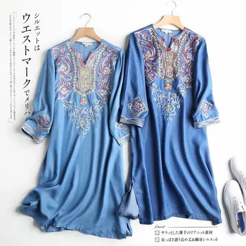 

Women V Neck Embroidered Longsleeve Jeans Dress 2020 Spring Female Fashion Tencel Denim Dress