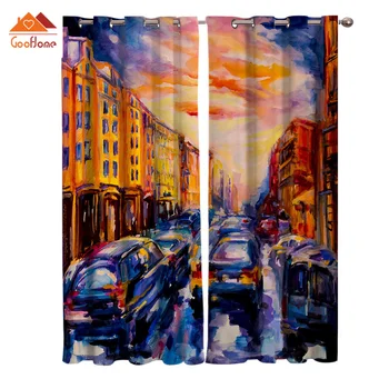 

Art Retro Oil Painting Window Curtains Living Room Outdoor Fabric Drapes Curtain Home Decor