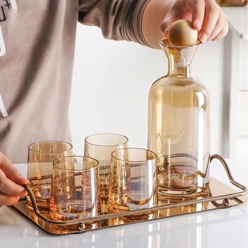 

Cold Glass Water Bottle Jar Transparent Water Pot 4 Cups Sets Fruit Juice Drinking Milk Bottle Kitchen Teapot Pitchers 1.2L