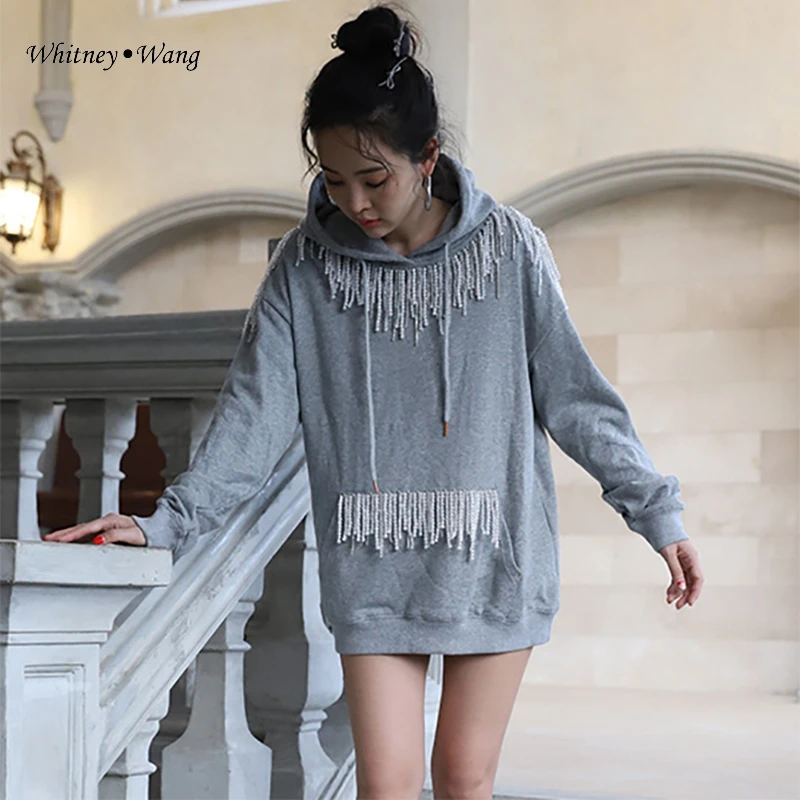 WHITNEY WANG,, Весенняя мода, уличная одежда, дизайнерский стиль, ручная работа, жемчуг, бисер, фуфайка с кисточками, женские толстовки, пуловер