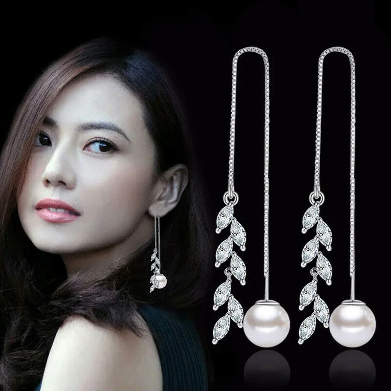 Korean Style Zircon Pendant Silver Tassel Dangle Earrings Valentine'S
