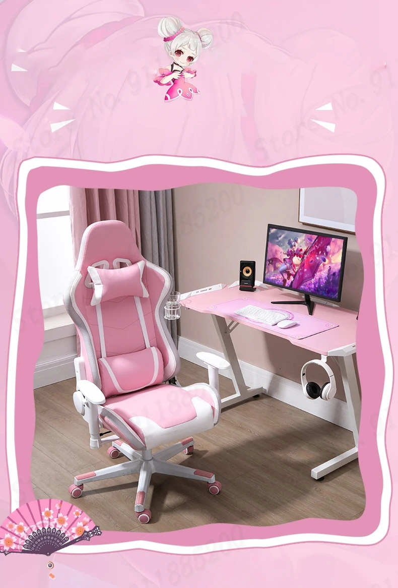Description Picture 4 of item2023 hot sale upgrade with light pink cute girl game chair girls bedroom chair anchor live rotating computer chair with light