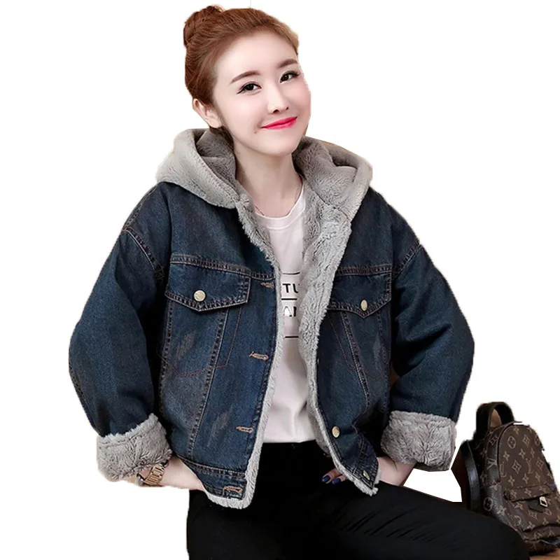 

2022 New Denim Jacket Hooded Add Velvet Thick Winter Warm Parker Coat Women's Fashion Embroidery Short Denim Coats Outerwear