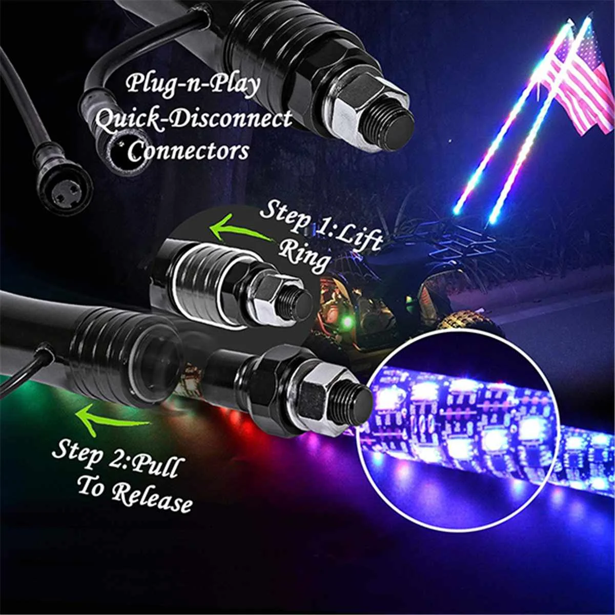 US $53.88 345FT LED Whip Light RGB RZR LED Lamp Waterproof Bendable Remote Control Multicolor Super Bright Flag for SUV ATV Lamp Light
