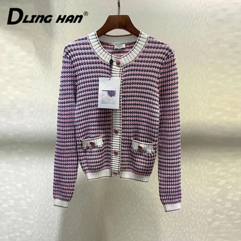 

LINGHAN Casual knitting Striped Cardigans Sweater Women's Fashion Button O-Neck Long sleeve Sweater Designer Spring New