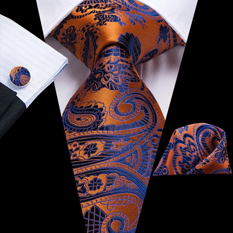 Hi-Tie Orange Men's Tie 8.5cm Silk Ties For Men Hanky and Cufflinks Set Gold Luxury Flower Classic Party Wedding Necktie