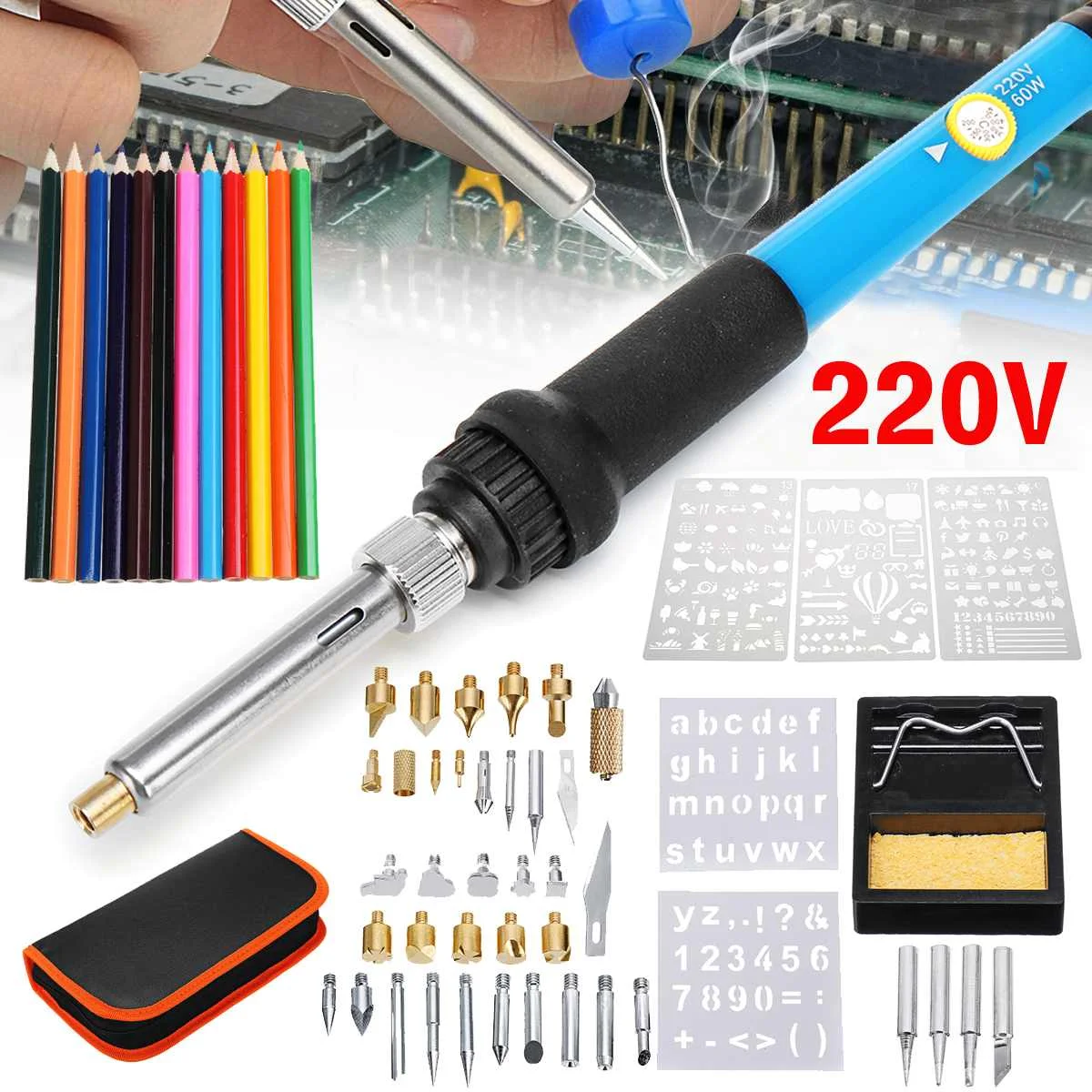61Pcs/set 60w Adjustable Soldering Iron Carving Pyrography Tool Wood Embossing Burning Soldering Pen Set Welding Tips Kit