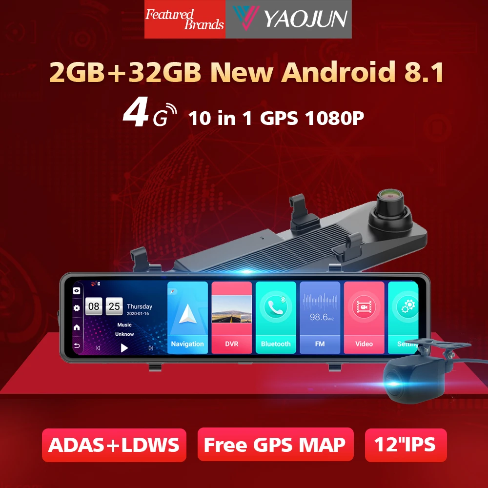 

Yaojun 12" Mirror Car DVR Rearview 4G Android 8.1 Dash Cam GPS Navigation ADAS FHD 1080P Dual Lens Car Video Camera Recorder DVR