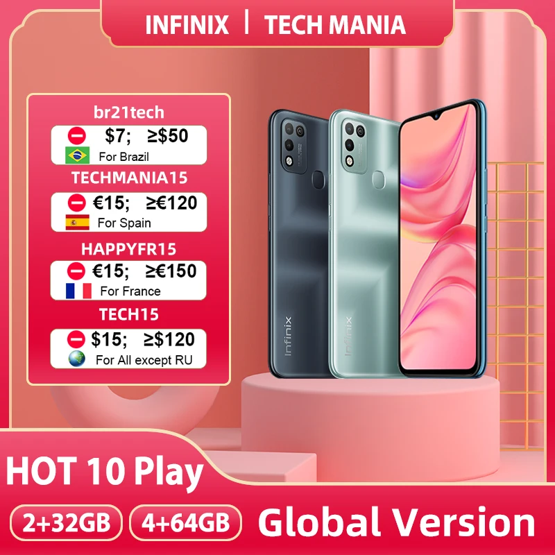 Infinix-teléfono inteligente 10 PLAY, 2GB + 32GB /4GB + 64GB, versión Global, pantalla HD de 6,82 pulgadas, 6000mAh, Helio G35
