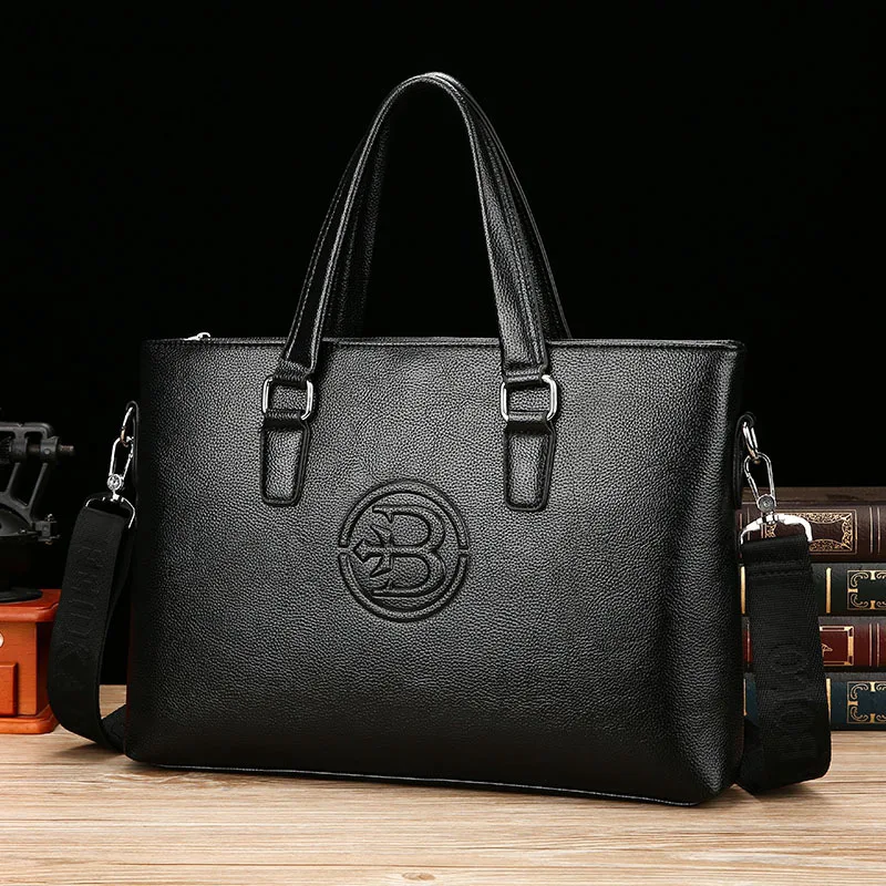 

Men Business Handbag Cross Computer Briefcase Shoulder Leather Bag Solid Color Zipper