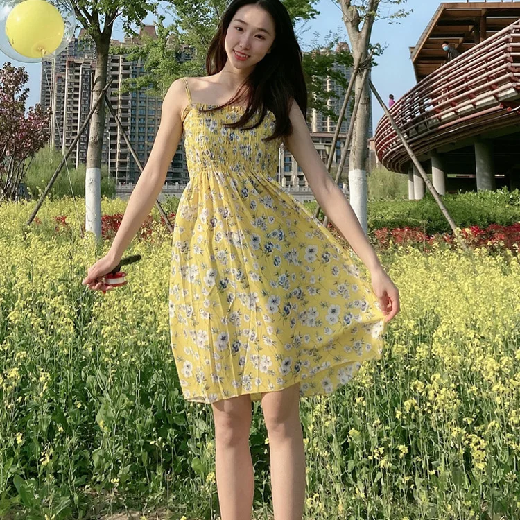 Women Chiffon Dress 2020 Summer Female Print Floral Vintage Elastic Spaghetti Strap Sleeveless Boho Beach Midi Sundress | Женская одежда