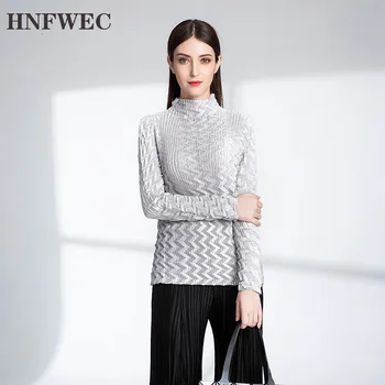 

Solid Color Pleated Female T-shirt 2020 Spring New Long-sleeved High Neck Loose Wild T-shirt Casual Top Y776