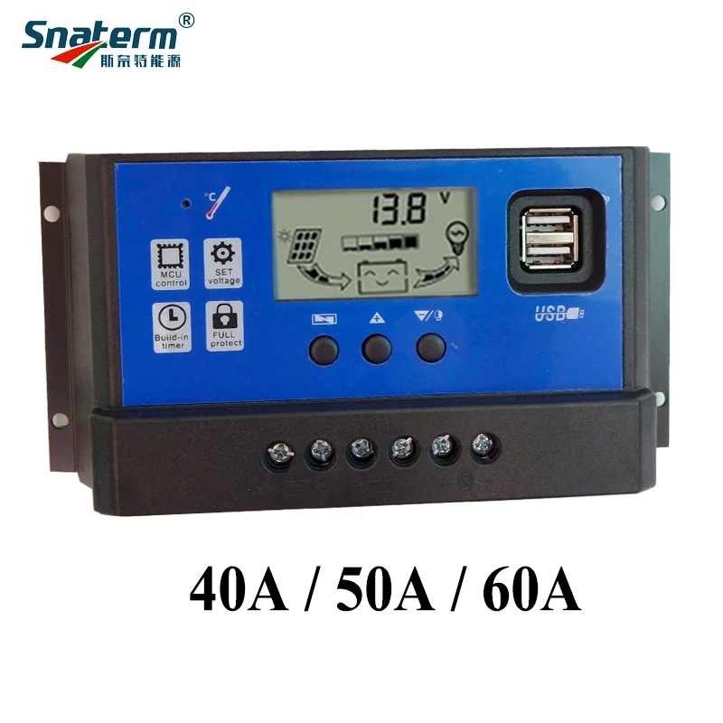 60A 50A 40A 30A 20A 10A Solar PV Charge Controller 12V/24V with LCD display double USB PWM Solar PV Regulators Battery Chargers