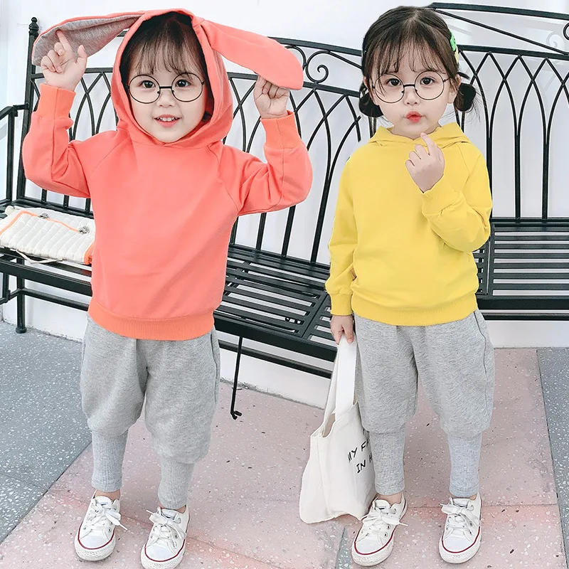

Girls Spring Clothing 2020 New Style Korean-style Western Style Children Rabbit Eared Hoodie Boot Pants Two-Piece Set 2243c-1901