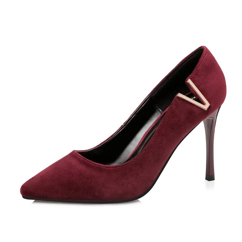 

2019 spring and autumn new product V buckle pointed fine with shallow mouth sexy slim suede women's shoes wine red 0731