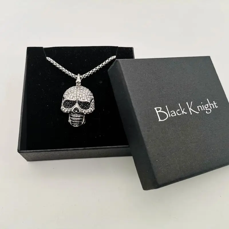 Черный рыцарь полный стразы Bling Череп Кулон ожерелье 316L нержавеющая сталь череп